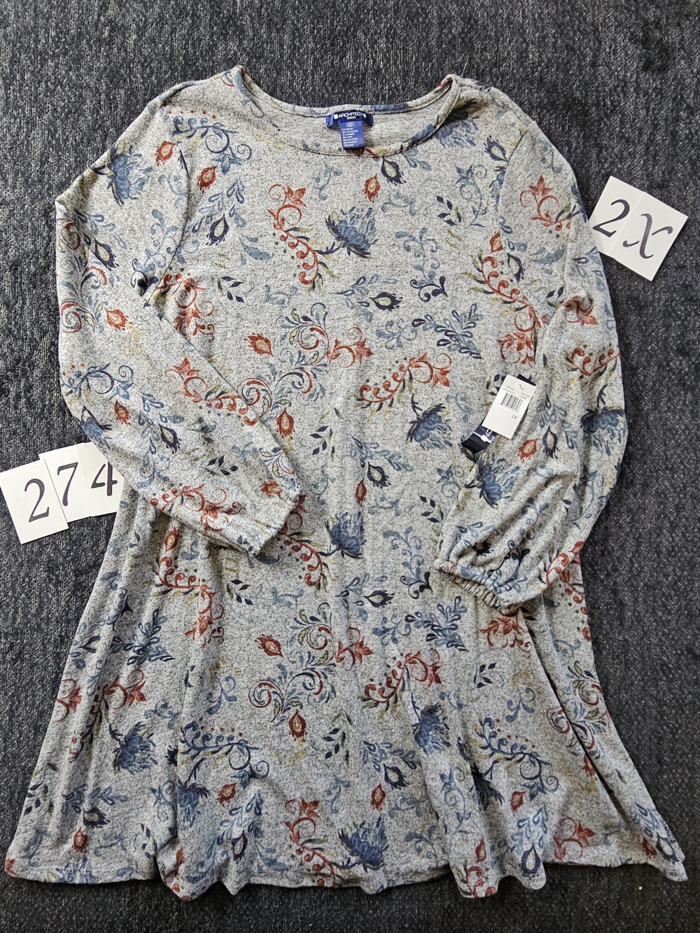 Architect Gray Floral Swing Tunic with Blue & Rust Accents